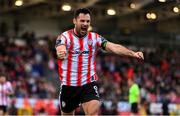 28 June 2024; Patrick Hoban of Derry City celebrates after scoring his side's fourth goal during the SSE Airtricity Men's Premier Division match between Derry City and Drogheda United at The Ryan McBride Brandywell Stadium in Derry. Photo by Ben McShane/Sportsfile