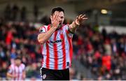 28 June 2024; Patrick Hoban of Derry City celebrates after scoring his side's fourth goal during the SSE Airtricity Men's Premier Division match between Derry City and Drogheda United at The Ryan McBride Brandywell Stadium in Derry. Photo by Ben McShane/Sportsfile