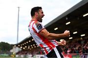 28 June 2024; Patrick Hoban of Derry City celebrates after scoring his side's fourth goal during the SSE Airtricity Men's Premier Division match between Derry City and Drogheda United at The Ryan McBride Brandywell Stadium in Derry. Photo by Ben McShane/Sportsfile