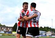 28 June 2024; Patrick Hoban of Derry City celebrates with teammate Ben Doherty, left, after scoring their side's fourth goal during the SSE Airtricity Men's Premier Division match between Derry City and Drogheda United at The Ryan McBride Brandywell Stadium in Derry. Photo by Ben McShane/Sportsfile