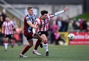 28 June 2024; Colm Whelan of Derry City in action against Jack Keaney of Drogheda United during the SSE Airtricity Men's Premier Division match between Derry City and Drogheda United at The Ryan McBride Brandywell Stadium in Derry. Photo by Ben McShane/Sportsfile