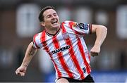 28 June 2024; Ciarán Coll of Derry City celebrates after scoring his side's fifth goal during the SSE Airtricity Men's Premier Division match between Derry City and Drogheda United at The Ryan McBride Brandywell Stadium in Derry. Photo by Ben McShane/Sportsfile