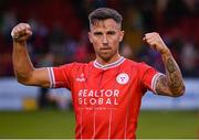 28 June 2024; John O'Sullivan of Shelbourne celebrates after the SSE Airtricity Men's Premier Division match between Shelbourne and Galway United at Tolka Park in Dublin. Photo by Stephen McCarthy/Sportsfile