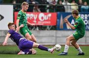 28 June 2024; Cian Curtis of Wexford in action against Daire McCarthy and Ronan Teahan of Kerry FC during the SSE Airtricity Men's First Division match between Kerry FC and Wexford at Mounthawk Park in Tralee, Kerry. Photo by Brendan Moran/Sportsfile