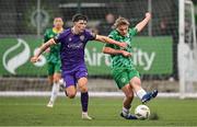 28 June 2024; Ronan Teahan of Kerry FC in action against Kian Corbally of Wexford during the SSE Airtricity Men's First Division match between Kerry FC and Wexford at Mounthawk Park in Tralee, Kerry. Photo by Brendan Moran/Sportsfile