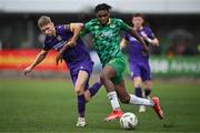 28 June 2024; Kennedy Amechi of Kerry FC in action against Reece Webb of Wexford during the SSE Airtricity Men's First Division match between Kerry FC and Wexford at Mounthawk Park in Tralee, Kerry. Photo by Brendan Moran/Sportsfile