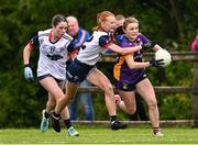 29 June 2024; Julie Lyons of Kilmacud Crokes in action against Aoife Flemming of New York during the John West Féile Peile na nÓg Division One Finals 2024 at the Connacht GAA Centre of Excellence in Bekan, Mayo. Photo by Ben McShane/Sportsfile