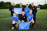 29 June 2024; Pictured are, from left, back row, FAI Football For All development officer for Waterford Gary Power, FAI Football For All development officer for Wexford Brendan Corish, Leinster North A player Alex Fahy, and FAI Football For All South East regional manager Michael Looby, front row, from left, Leinster North B goalkeeper Josh Horrigan, FAI Football For All development officer for Wexford Dean Broaders, and South East and Midlands player JJ Maher, before the FAI Football For All Interprovincial Games at Evergreen FC in Kilkenny. The FAI Football For All programme was initiated to assist and develop opportunities for players of all ages with a disability in their local community. Photo by Seb Daly/Sportsfile