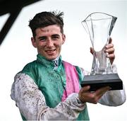 29 June 2024; Jockey Rossa Ryan celebrates with the cup after winning the Cairn Community Games Pretty Polly Stakes G1 on day two of the Dubai Duty Free Irish Derby Festival at The Curragh Racecourse in Kildare. Photo by David Fitzgerald/Sportsfile