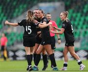 29 June 2024; Casey Howe of Athlone Town celebrates scoring her side's first goal of the match with her teammates during the SSE Airtricity Women's Premier Division match between Shamrock Rovers and Athlone Town at Tallaght Stadium in Dublin. Photo by Thomas Flinkow/Sportsfile