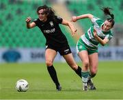 29 June 2024; Chloe Singleton of Athlone Town in action against Aoife Kelly of Shamrock Rovers during the SSE Airtricity Women's Premier Division match between Shamrock Rovers and Athlone Town at Tallaght Stadium in Dublin. Photo by Thomas Flinkow/Sportsfile