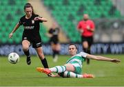 29 June 2024; Jessica Hennessy of Shamrock Rovers in action against Isabel Ryan of Athlone Town during the SSE Airtricity Women's Premier Division match between Shamrock Rovers and Athlone Town at Tallaght Stadium in Dublin. Photo by Thomas Flinkow/Sportsfile