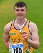 29 June 2024; Oisin Joyce of Lake District AC, Mayo, with his gold medal after competing in the men's javelin during day one of the 123.ie National Outdoor Senior Championships at Morton Stadium in Santry, Dublin. Photo by Tyler Miller/Sportsfile