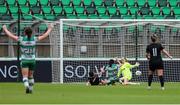 29 June 2024; Scarlett Herron of Shamrock Rovers, left, celebrates Aine O'Gorman scoring her side's first goal of the match during the SSE Airtricity Women's Premier Division match between Shamrock Rovers and Athlone Town at Tallaght Stadium in Dublin. Photo by Thomas Flinkow/Sportsfile