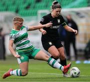 29 June 2024; Jaime Thompson of Shamrock Rovers in action against Laurie Ryan of Athlone Town during the SSE Airtricity Women's Premier Division match between Shamrock Rovers and Athlone Town at Tallaght Stadium in Dublin. Photo by Thomas Flinkow/Sportsfile