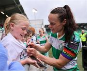 29 June 2024; Aine O'Gorman of Shamrock Rovers signs a supporter's jersey after the SSE Airtricity Women's Premier Division match between Shamrock Rovers and Athlone Town at Tallaght Stadium in Dublin. Photo by Thomas Flinkow/Sportsfile