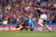 29 June 2024; Brian Fenton of Dublin in action against Cein Darcy of Galway during the GAA Football All-Ireland Senior Championship quarter-final match between Dublin and Galway at Croke Park in Dublin. Photo by Stephen McCarthy/Sportsfile