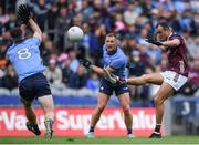 29 June 2024; John Maher of Galway shoots to score a point despite the efforts of Ciaran Kilkenny, right, and Brian Fenton of Dublin during the GAA Football All-Ireland Senior Championship quarter-final match between Dublin and Galway at Croke Park in Dublin. Photo by Shauna Clinton/Sportsfile