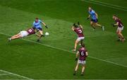29 June 2024; Paul Conroy of Galway tries to block this shot by Con O'Callaghan of Dublin during the GAA Football All-Ireland Senior Championship quarter-final match between Dublin and Galway at Croke Park in Dublin. Photo by Ray McManus/Sportsfile