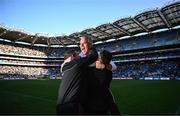 29 June 2024; Galway manager Pádraic Joyce celebrates with selector John Concannon, left, and Cian Breathnach McGinn, Strength and Conditioning Coach, right, after their side's victory in the GAA Football All-Ireland Senior Championship quarter-final match between Dublin and Galway at Croke Park in Dublin. Photo by Harry Murphy/Sportsfile