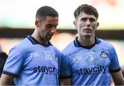 29 June 2024; James McCarthy, left, and Michael Fitzsimons of Dublin dejected after their side's defeat in the GAA Football All-Ireland Senior Championship quarter-final match between Dublin and Galway at Croke Park in Dublin. Photo by Shauna Clinton/Sportsfile