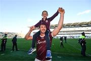 29 June 2024; Shane Walsh of Galway celebrates with his nephew Milo Costello after the GAA Football All-Ireland Senior Championship quarter-final match between Dublin and Galway at Croke Park in Dublin. Photo by Stephen McCarthy/Sportsfile