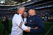 29 June 2024; Galway manager Pádraic Joyce and Dublin manager Dessie Farrell shake hands after the GAA Football All-Ireland Senior Championship quarter-final match between Dublin and Galway at Croke Park in Dublin. Photo by Harry Murphy/Sportsfile
