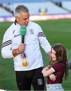 29 June 2024; Galway manager Pádraic Joyce is joined by his daughter Jodie during his post-match GAAGO interview following the GAA Football All-Ireland Senior Championship quarter-final match between Dublin and Galway at Croke Park in Dublin. Photo by Stephen McCarthy/Sportsfile