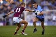 29 June 2024; Con O'Callaghan of Dublin in action against Cian Hernon of Galway during the GAA Football All-Ireland Senior Championship quarter-final match between Dublin and Galway at Croke Park in Dublin. Photo by Shauna Clinton/Sportsfile