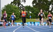 30 June 2024; Israel Olatunde of Tallaght AC, Dublin, centre, competing in the men's 100m during day two of the 123.ie National Outdoor Senior Championships at Morton Stadium in Santry, Dublin. Photo by Sam Barnes/Sportsfile