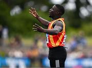 30 June 2024; Israel Olatunde of Tallaght AC, celebrates after winning the men's 100m during day two of the 123.ie National Outdoor Senior Championships at Morton Stadium in Santry, Dublin. Photo by Sam Barnes/Sportsfile