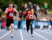 30 June 2024; Israel Olatunde of Tallaght AC, right, on his way to winning the men's 100m during day two of the 123.ie National Outdoor Senior Championships at Morton Stadium in Santry, Dublin. Photo by Sam Barnes/Sportsfile