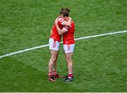 30 June 2024; Louth players Dermot Campbell, left, and Bevan Duffy after their side's defeat in the GAA Football All-Ireland Senior Championship quarter-final match between Donegal and Louth at Croke Park in Dublin. Photo by Piaras Ó Mídheach/Sportsfile