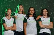 4 July 2024; Swimmers, from left, Danielle Hill, Grace Davison, Victoria Catterson and Erin Riordan during the Team Ireland Paris 2024 team announcement for Aquatics at the National Aquatic Centre on the Sport Ireland Campus in Dublin. Photo by Sam Barnes/Sportsfile
