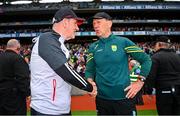 30 June 2024; Derry manager Mickey Harte, left, and Kerry manager Jack O'Connor shake hands after the GAA Football All-Ireland Senior Championship quarter-final match between Kerry and Derry at Croke Park in Dublin. Photo by Ben McShane/Sportsfile