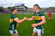 30 June 2024; Sean O'Shea, right, and Dara Moynihan of Kerry celebrate after the GAA Football All-Ireland Senior Championship quarter-final match between Kerry and Derry at Croke Park in Dublin. Photo by Ben McShane/Sportsfile