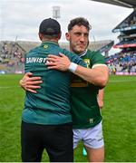 30 June 2024; Paudie Clifford of Kerry, right, and Kerry manager Jack O'Connor celebrate after the GAA Football All-Ireland Senior Championship quarter-final match between Kerry and Derry at Croke Park in Dublin. Photo by Ben McShane/Sportsfile
