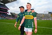 30 June 2024; Tom O'Sullivan of Kerry, right, and Kerry manager Jack O'Connor celebrate after the GAA Football All-Ireland Senior Championship quarter-final match between Kerry and Derry at Croke Park in Dublin. Photo by Ben McShane/Sportsfile