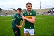 30 June 2024; Diarmuid O'Connor of Kerry, right, and Kerry manager Jack O'Connor celebrate after the GAA Football All-Ireland Senior Championship quarter-final match between Kerry and Derry at Croke Park in Dublin. Photo by Ben McShane/Sportsfile
