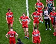 30 June 2024; Derry players, including Brendan Rogers, 9, after their side's defeat in the GAA Football All-Ireland Senior Championship quarter-final match between Kerry and Derry at Croke Park in Dublin. Photo by Piaras Ó Mídheach/Sportsfile