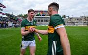 30 June 2024; Cillian Burke of Kerry, left, celebrates with teammate Diarmuid O'Connor after the GAA Football All-Ireland Senior Championship quarter-final match between Kerry and Derry at Croke Park in Dublin. Photo by Brendan Moran/Sportsfile