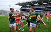 30 June 2024; Joe O'Connor, left, and David Clifford of Kerry celebrate after the GAA Football All-Ireland Senior Championship quarter-final match between Kerry and Derry at Croke Park in Dublin. Photo by Brendan Moran/Sportsfile