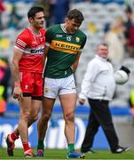 30 June 2024; Christopher McKaigue of Derry, left, and David Clifford of Kerry after the final whistle of the GAA Football All-Ireland Senior Championship quarter-final match between Kerry and Derry at Croke Park in Dublin. Photo by Brendan Moran/Sportsfile