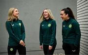 1 July 2024; Players, from left, Jess Fitzgerald, Joy Ralph, and Lia O’Leary during a Republic of Ireland women's U19 media day at FAI Headquarters in Abbotstown, Dublin. Photo by Harry Murphy/Sportsfile
