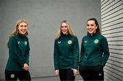 1 July 2024; Players, from left, Jess Fitzgerald, Joy Ralph, and Lia O’Leary during a Republic of Ireland women's U19 media day at FAI Headquarters in Abbotstown, Dublin. Photo by Harry Murphy/Sportsfile