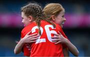 1 July 2024; Lorna O'Connor of Mountcollins, Limerick, celebrates with team-mate Hannah Cork after scoring a point during the 2024 LGFA Go Games Activity Day at Croke Park in Dublin. Photo by Shauna Clinton/Sportsfile