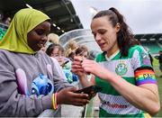 29 June 2024; Aine O'Gorman of Shamrock Rovers with supporter after the SSE Airtricity Women's Premier Division match between Shamrock Rovers and Athlone Town at Tallaght Stadium in Dublin. Photo by Thomas Flinkow/Sportsfile
