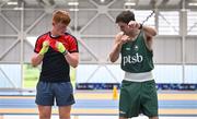 2 July 2024; Boxer Aidan Walsh, right, with Michael Kane from Monivea Boxing Club, Galway, during the Team Ireland Open Training Day ahead of the Paris 2024 Olympic Games at the National Indoor Arena on the Sport Ireland Campus in Dublin. Photo by Sam Barnes/Sportsfile