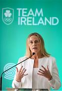 3 July 2024; OFI president and Swim Ireland chief executive Sarah Keane speaking during an Olympic Federation of Ireland and Sport Ireland media conference ahead of the Paris 2024 Olympic Games, at the Sport Ireland Institute on the Sport Ireland Campus in Dublin. Photo by Seb Daly/Sportsfile