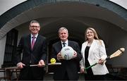 3 July 2024; Ard Stiúrthóir of the GAA Tom Ryan, Minister of State Kieran O'donnell TD and OPW head of heritage and capital works Rosemary Collier pictured at the Launch of Clann of Gaelic Games exhibition at Phoenix Park visitor centre marking the 140, 120 and 50 anniversaries of the GAA, Camogie and LGFA and unveiling a plaque to mark the venue of the 1893 GAA All-Ireland finals in the Park. Photo by Harry Murphy/Sportsfile